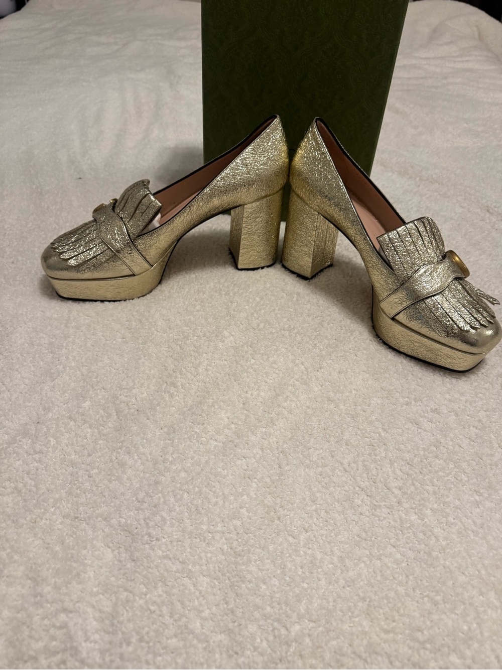 Gucci Metallic Gold Fringe Block Heel Loafers - Picture 4 of 10